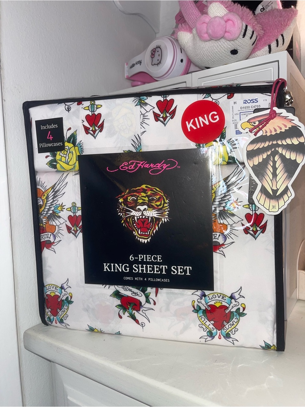 NWT Ed Hardy King Sheet Set in White with Red, Yellow & Green Tattoo Motifs